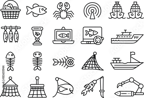 Assortment of fishing and marine-related line art icons Keywords: fishing, marine, sea, ocean, boat, ship, fish, crab, net