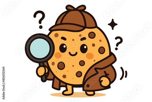 Cute chocolate chip cookie detective investigating with magnifying glass