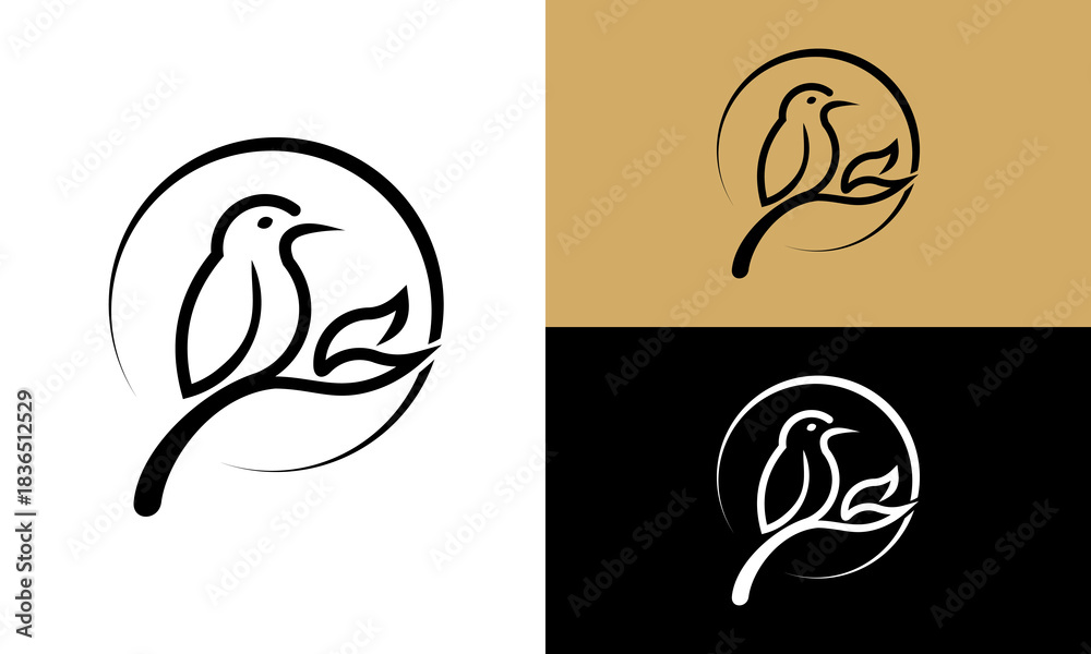 Obraz premium Bird Logo Design: A simple, elegant bird logo sits perched on a curved branch, embodying the essence of nature's beauty in minimalist design.