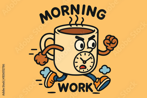 Cartoon coffee mug with clock face running to morning work