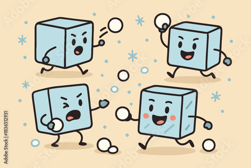 Four cute cartoon ice cubes playing snowball fight in winter