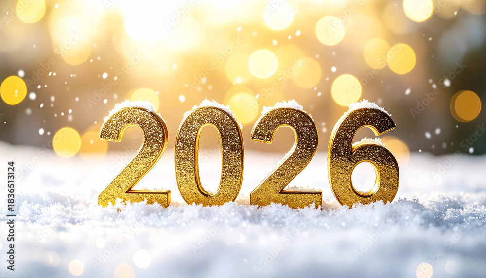 Obraz premium Golden 2026 new year celebration with falling snow and festive bokeh, illustration. AI