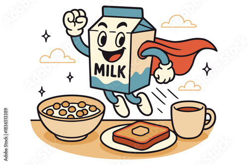 Superhero milk carton flying over healthy breakfast food items