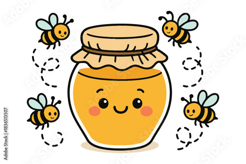 Cute kawaii honey jar with happy face surrounded by flying bees