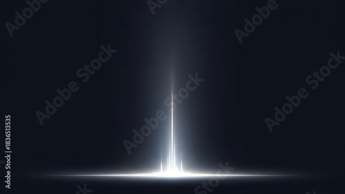 Stunning bright vertical light beam shoots upward from a dark horizon creating dynamic energy and futuristic atmosphere