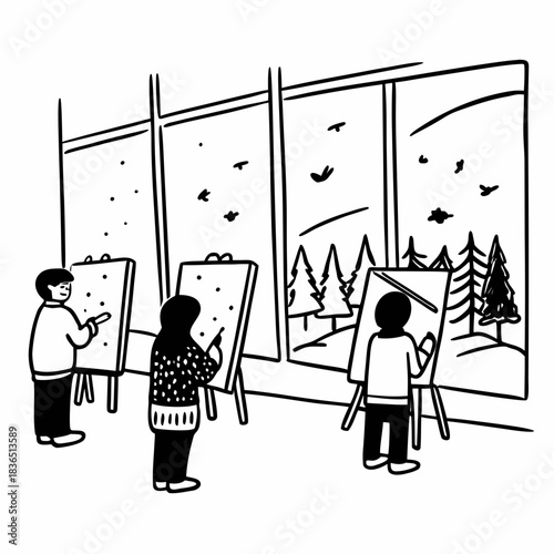 Art Class with Winter Landscape Painting Session.