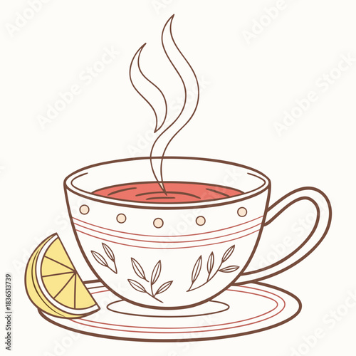 Elegant Tea Cup with Lemon Slice and Steaming Tea.