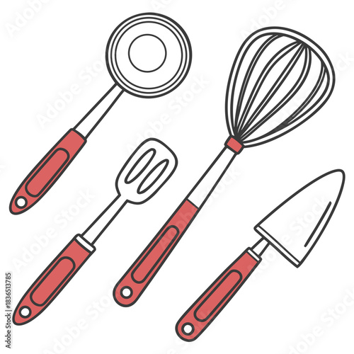 Kitchen Utensils Ladle Spatula Whisk and Cake Server Illustration.