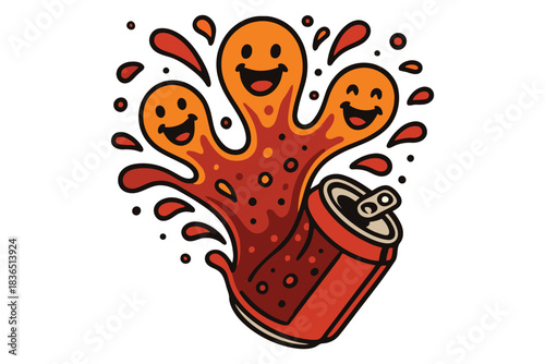 Three happy cartoon ghosts erupting from a splashing soda can