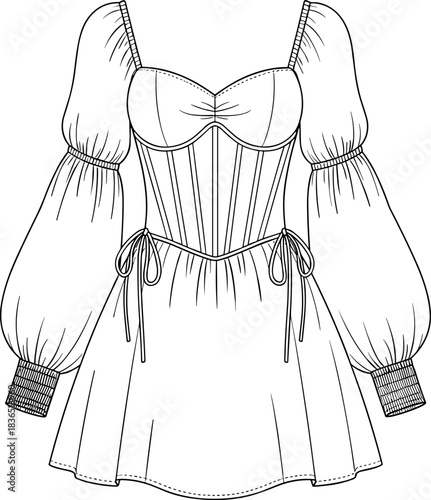 Dress fashion sketch, corset bodice, sweetheart neckline, puff sleeve, drawstring waistDress fashion sketch, corset bodice, sweetheart neckline, puff sleeve, drawstring waist