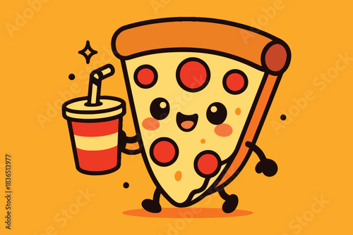 Cute cartoon pizza slice character holding a soda cup with a straw