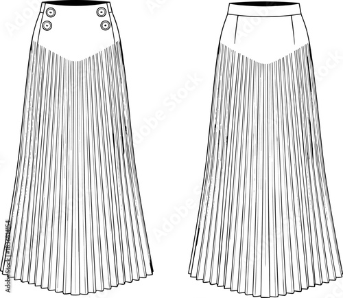 Pleated skirt technical sketch, front and back view, high waist, button detail,Pleated skirt technical sketch, front and back view, high waist, button detail,