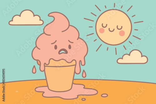 Sad melting ice cream cone under hot sun and clouds
