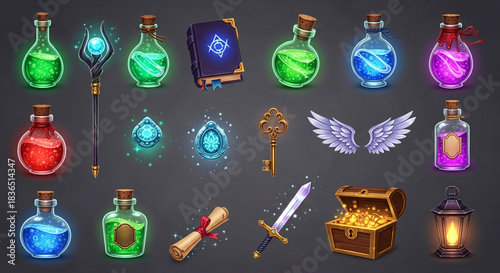 Stunning collection of magical fantasy game assets including glowing potions staffs keys and treasure for immersive role playing experiences