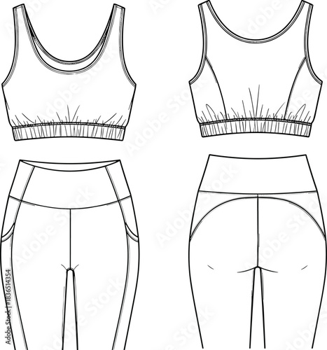 Sports bra and leggings fashion sketch, front and back view, scoop neckline, seam detail,Sports bra and leggings fashion sketch, front and back view, scoop neckline, seam detail,
