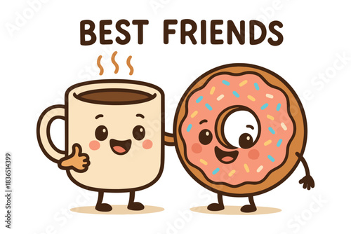 Cute cartoon coffee cup and donut best friends forever illustration