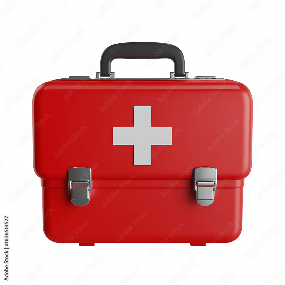 Obraz premium Red first aid kit with white cross emergency medical equipment for healthcare isolated on white background