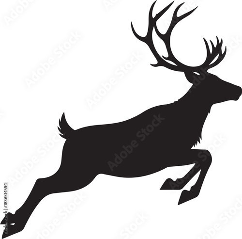 Silhouette of a deer leaping forward with prominent antlers, depicted in black against a white background.