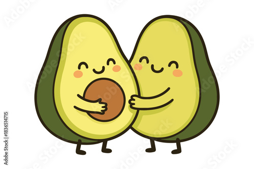 Cute cartoon avocados hugging together with happy faces