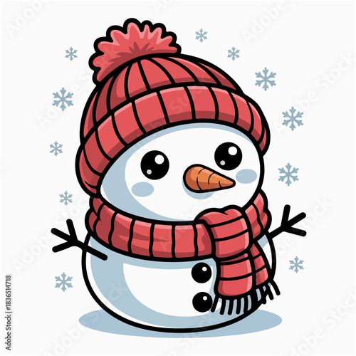 chibi snowman wearing knitted scarf and beanie.