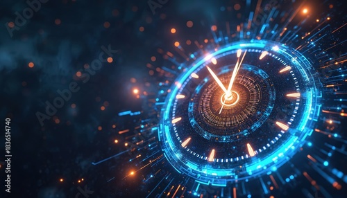 Futuristic clock with blue, orange lights. Glowing clock face with rotating hands. Abstract modern technology background with time concept. Digital watch with speeding lines. Blue, orange colors.