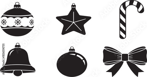 Six black and white Christmas icons: a decorated bauble, star, candy cane, bell, plain bauble, and a bow, arranged in two rows.