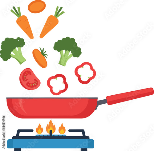 Cooking vegetables in frying pan illustration isolated on white background representing healthy food preparation, home cooking, nutrition, kitchen lifestyle, and diet concept