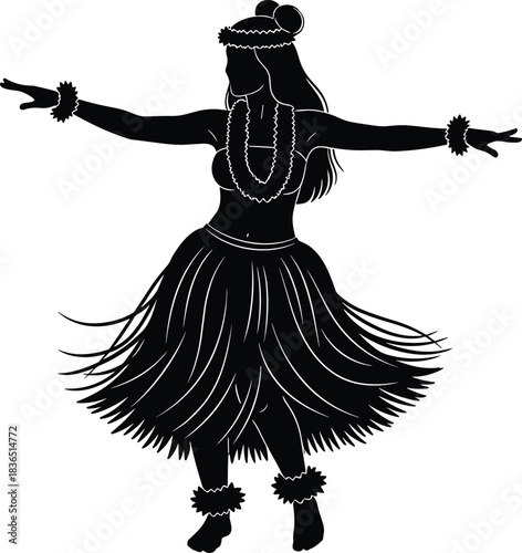 Hula dancer silhouette illustration isolated on white background representing Hawaiian culture, traditional dance, tropical heritage, island celebration, and graceful performance art