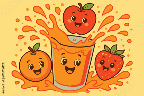Cute cartoon fruits splashing into a glass of orange juice