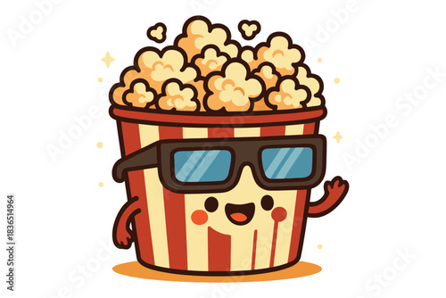 Cute cartoon popcorn bucket wearing 3d glasses waving hello
