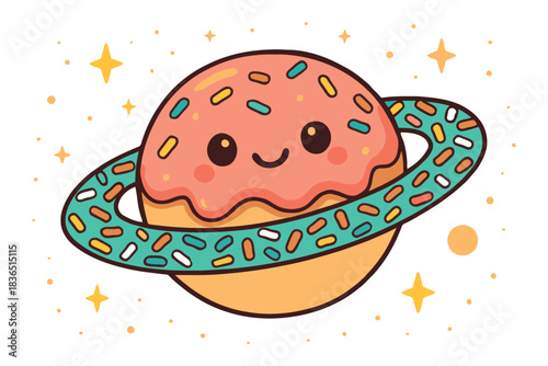 Cute donut planet with sprinkles ring and happy face
