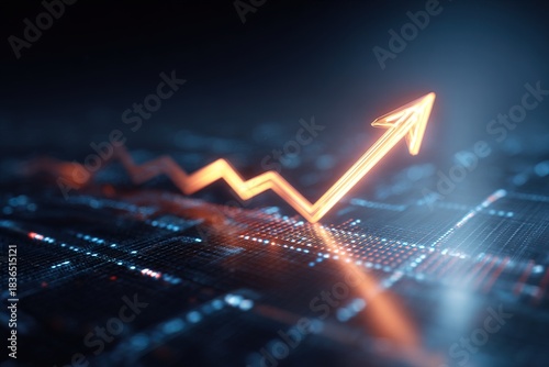 Graph with a red arrow pointing upwards. The graph is on a black background. Concept of growth and progress
