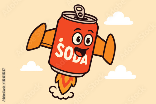 Funny cartoon soda can with wings and jet propulsion flying