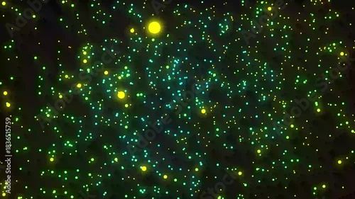 Glowing Green and Yellow Particles Rotating in 3d Space