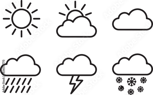 Weather condition icon set including sunny cloudy rainy stormy and snowy day