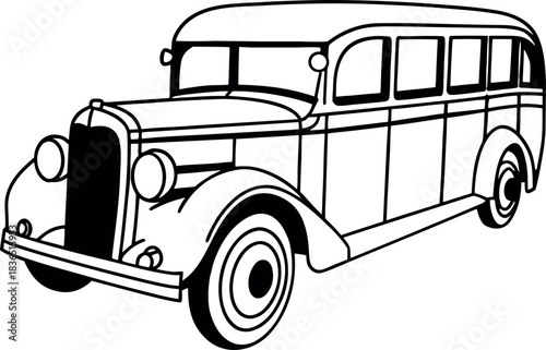 Detailed Line Art Drawing of a Classic Vintage Bus or Coach from the 1930s or 1940s Era