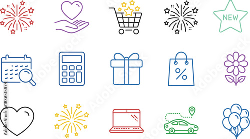 Colorful Line Icons Set Featuring Celebration, Shopping, Technology, and Travel Elements for Marketing, UI Design, and Digital Projects
