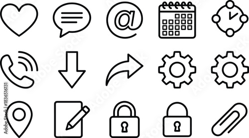 Minimal Line Icons Set for Digital Interface, App Functions, and Web Communication in Black Outline Style for UI Design
