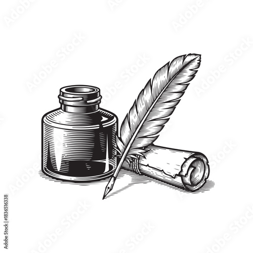engraving vintage quill inkwell on parchment vector art illustration, old vintage quill design.