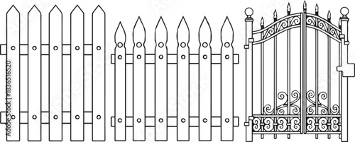 Fence and Gate Illustration Black and White Architectural Barrier Elements