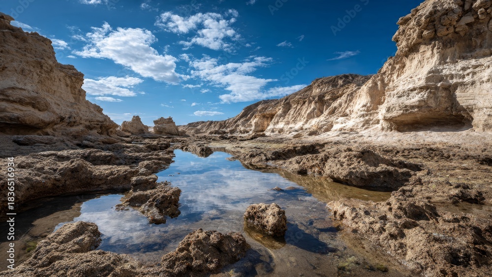 Obraz premium Tide Pool Reflects Sky on Rocky Beach