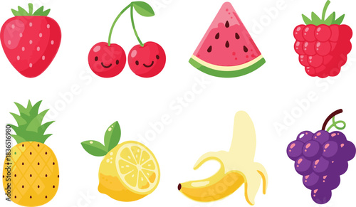 Assorted cartoon fruit collection on white background vector illustration
