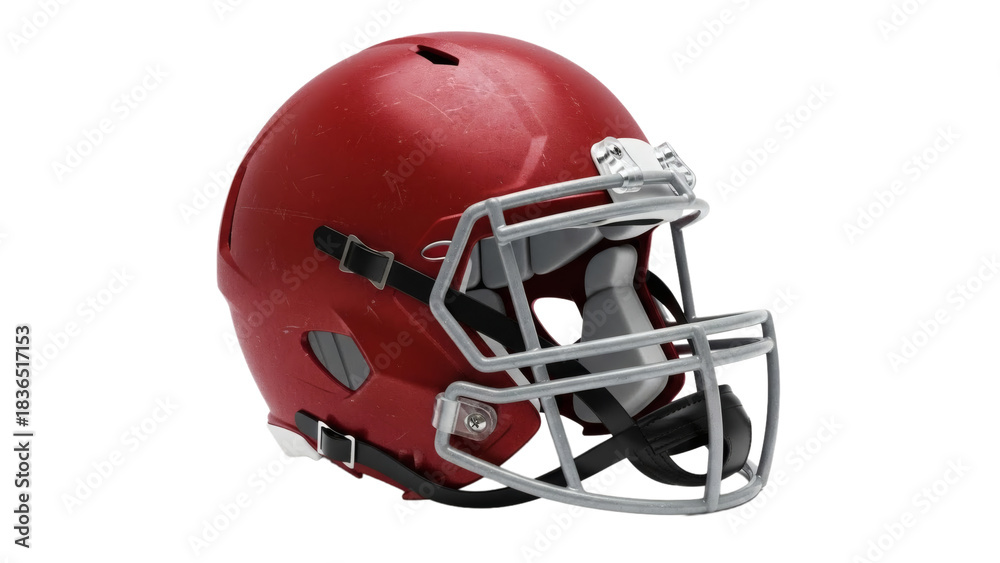 Fototapeta premium A detailed red football helmet with face mask on transparent background