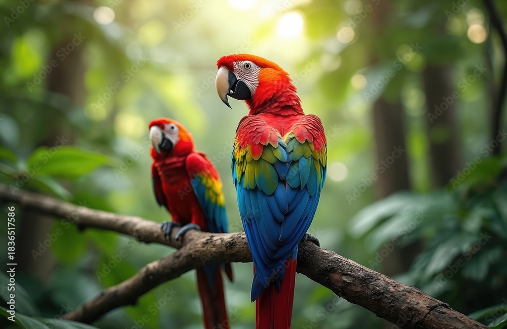 Naklejka premium Two scarlet macaws perched on a tree branch in a rich green jungle. The birds display vibrant red, blue, and yellow feathers. Their large beaks are visible as they look around the forest environment.