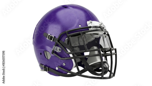 A glossy purple football helmet with a dark face mask on transparent background