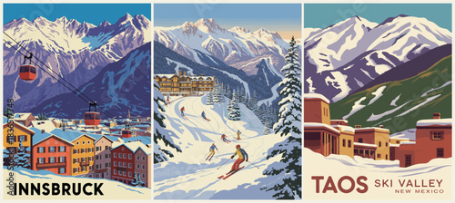 Retro-style triptych poster of winter ski resorts featuring Innsbruck and Taos Ski Valley, bold colors, snow-covered peaks, and mid-century design