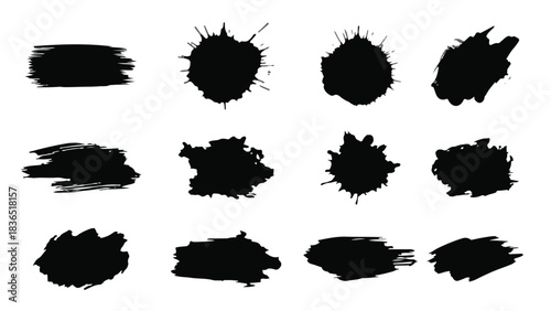 Ink brush stroke and grunge paint splatter set. Black messy stain, liquid blob, dirty texture, and artistic spot vector collection.