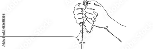 continuous line drawing of hands holding a rosary, line art vector illustration