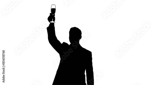 Minimalist black and white line art silhouette of a person raising a hand in celebration or agreement
