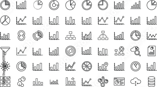 Data visualization icon set, pie chart, bar graph, line chart, funnel, radar, dashboard, cloud upload, vector illustration for analytics, reporting, statistics